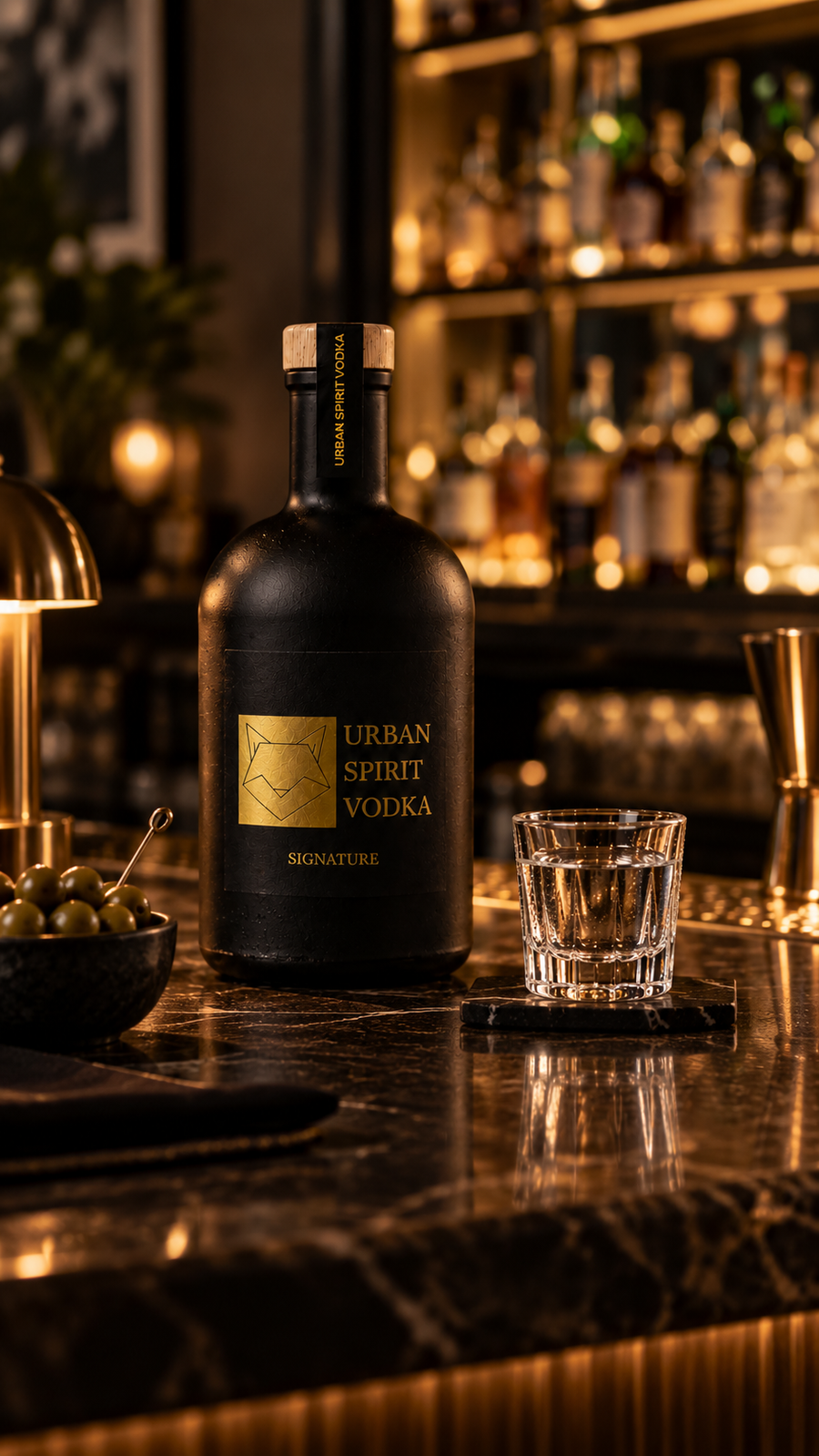 Urban Spirit Signature ultra-premium vodka bottle and glass served neat in an upscale bar setting.