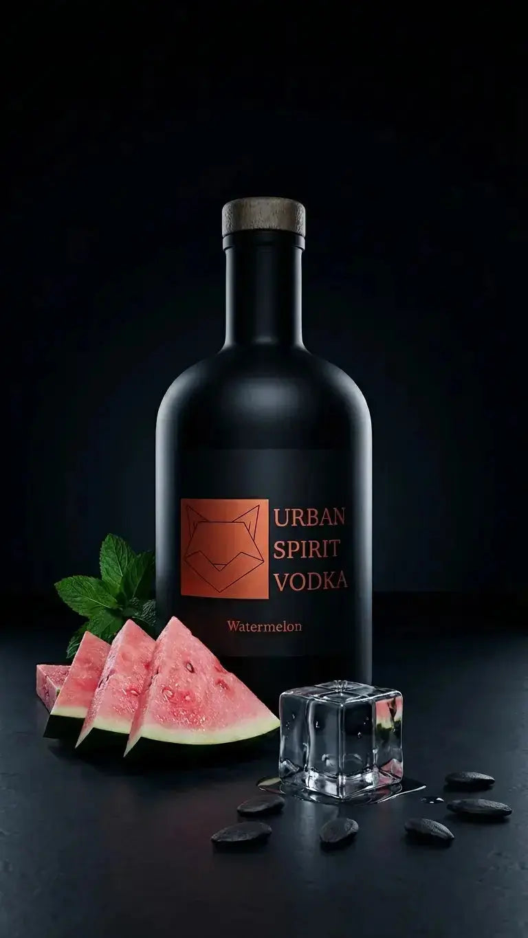 Urban Spirit Watermelon Vodka premium handcrafted flavoured vodka in matte black bottle with fresh watermelon.